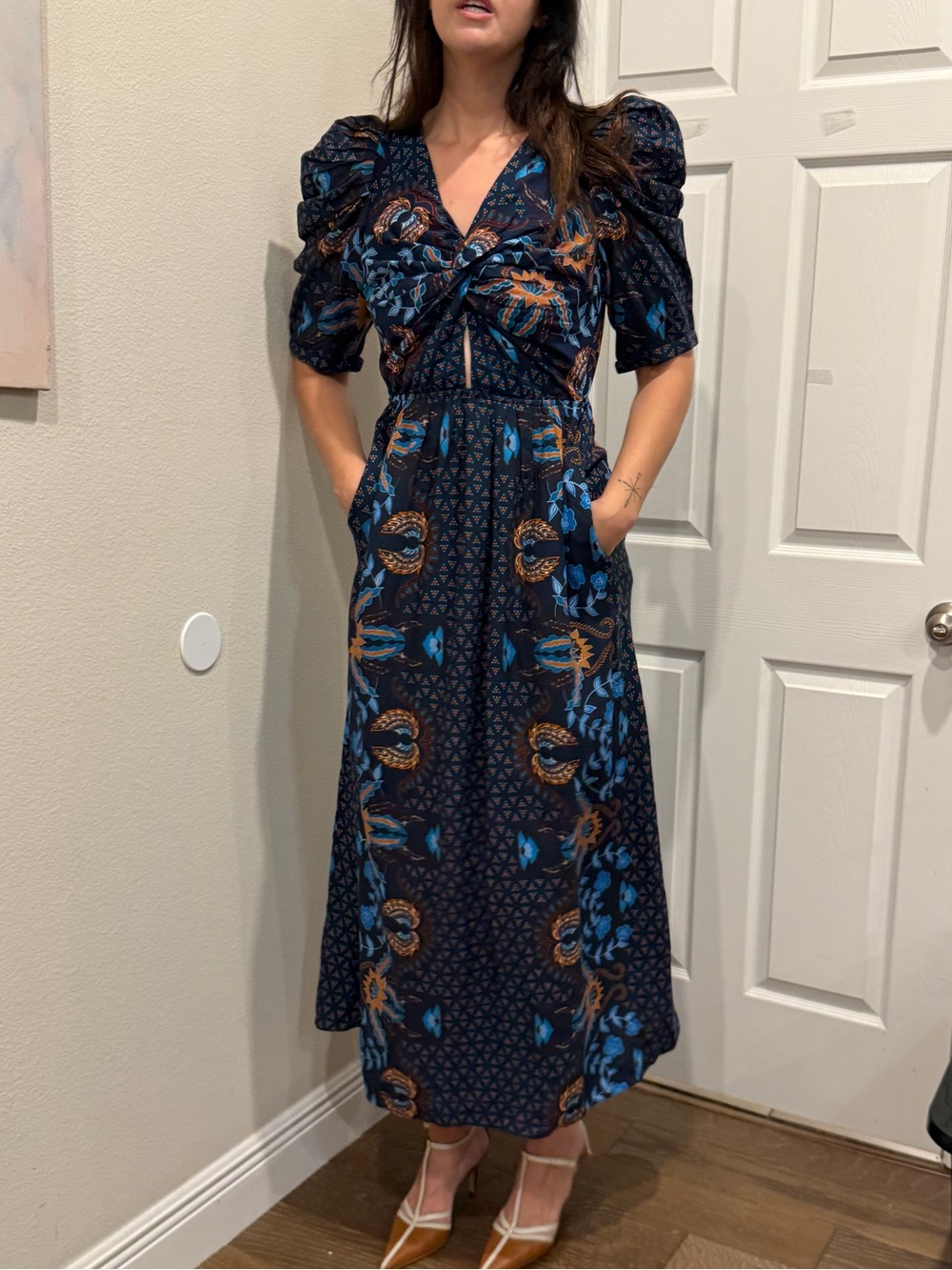 CELINA MOON Flavian Navy and Rust Floral V‑Neck Maxi Dress